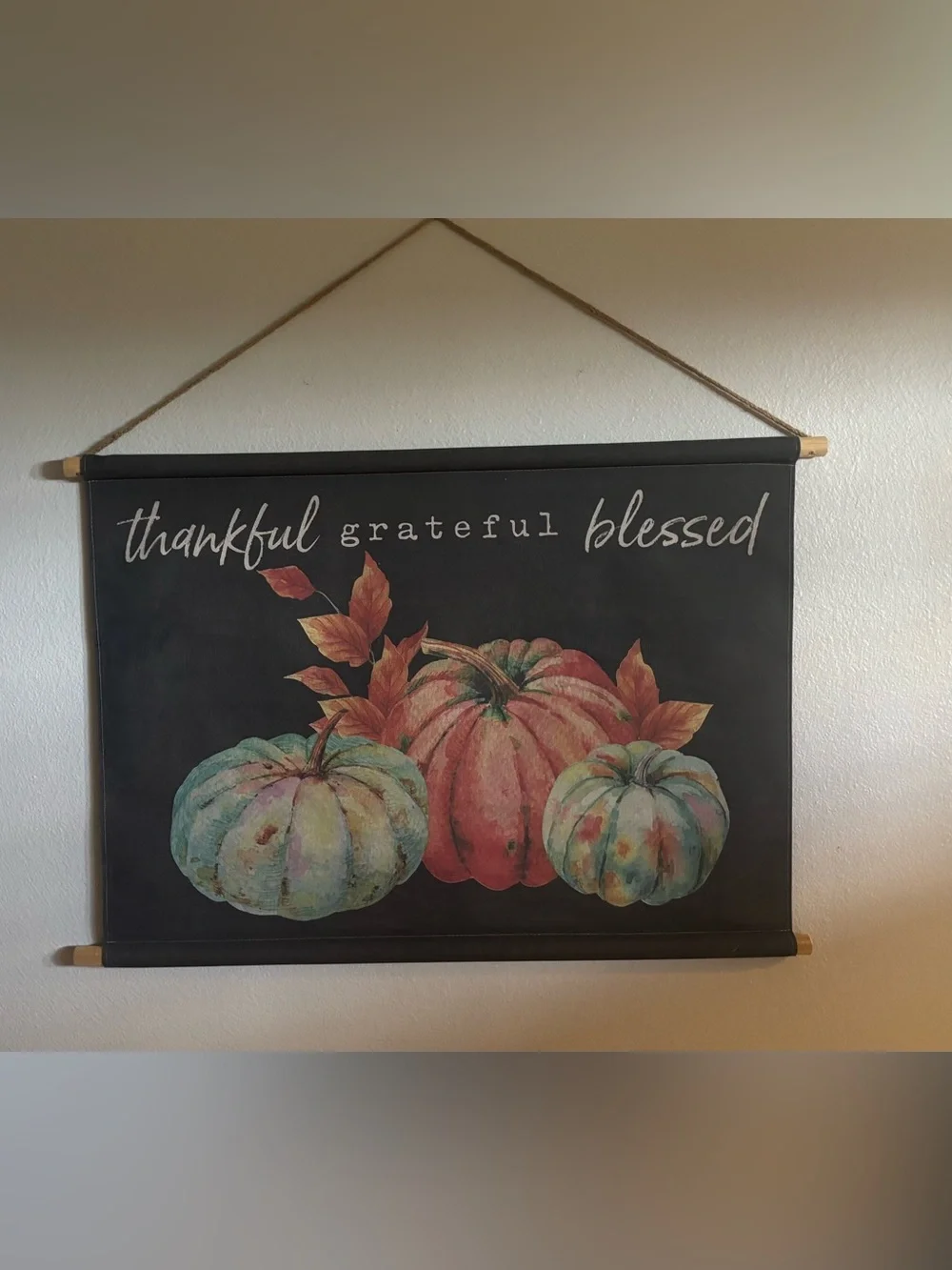 Thankful Grateful Blessed Pumpkin Fabric Wall Art -Fall Decor 37x25”